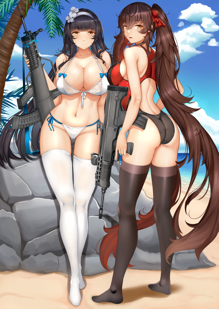 2girls absurdly_long_hair absurdres alternate_costume ass assault_rifle beach bikini black_hair black_pantyhose black_thighhighs blue_sky blush breasts brown_eyes brown_hair bullpup chiyo_goya cleavage closed_mouth cloud collarbone commentary competition_swimsuit day english_commentary flower full_body girls'_frontline gloves groin gun hair_between_eyes hair_flower hair_ornament hair_ribbon hairband highres holding holding_gun holding_weapon large_breasts long_hair looking_at_viewer looking_back multiple_girls navel ocean official_alternate_costume one-piece_swimsuit open_mouth outdoors pantyhose qbz-95 qbz-97 ribbon rifle sand side-tie_bikini_bottom sidelocks skindentation sky smile stomach swimsuit thighhighs twintails type_95_(girls'_frontline) type_95_(summer_cicada)_(girls'_frontline) type_97_(girls'_frontline) very_long_hair weapon white_bikini white_gloves white_hairband white_thighhighs yellow_eyes