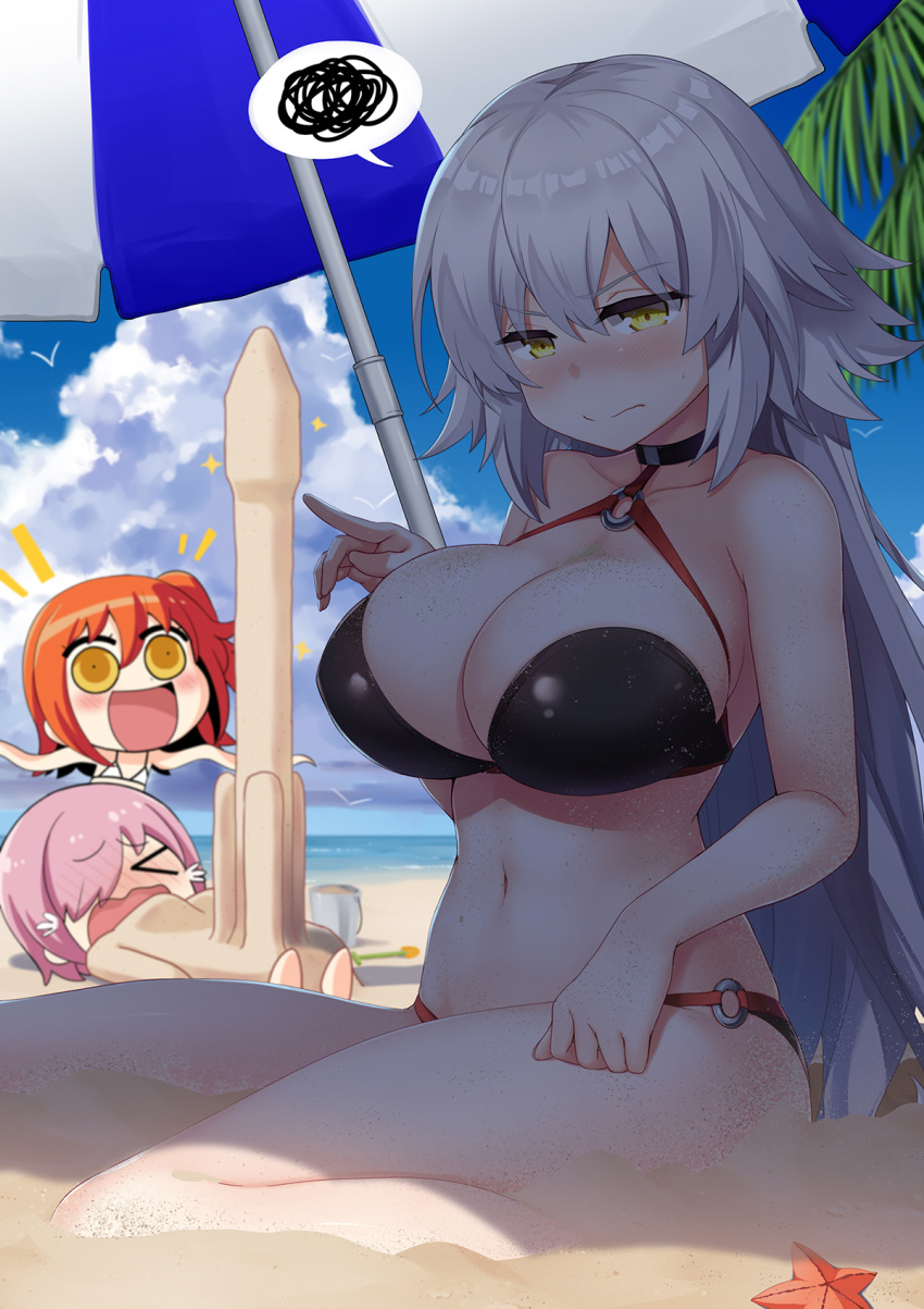 3girls ahoge beach_umbrella bikini bird black_bikini blue_sky breasts chibi choker cloud commentary_request day fate/grand_order fate_(series) female_pervert fujimaru_ritsuka_(female) grey_hair hair_over_one_eye highres jeanne_d'arc_alter_(fate) jeanne_d'arc_alter_(swimsuit_berserker)_(fate) large_breasts long_hair mash_kyrielight multiple_girls navel o-ring o-ring_bikini o-ring_bottom o-ring_top ocean orange_eyes orange_hair outdoors parody pervert photoshop_(medium) purple_hair riyo_(lyomsnpmp)_(style) sand seagull sexually_suggestive short_hair side_ponytail sitting skindentation sky speech_bubble spoken_squiggle squiggle style_parody subaru_(794829485) swimsuit umbrella very_long_hair yellow_eyes