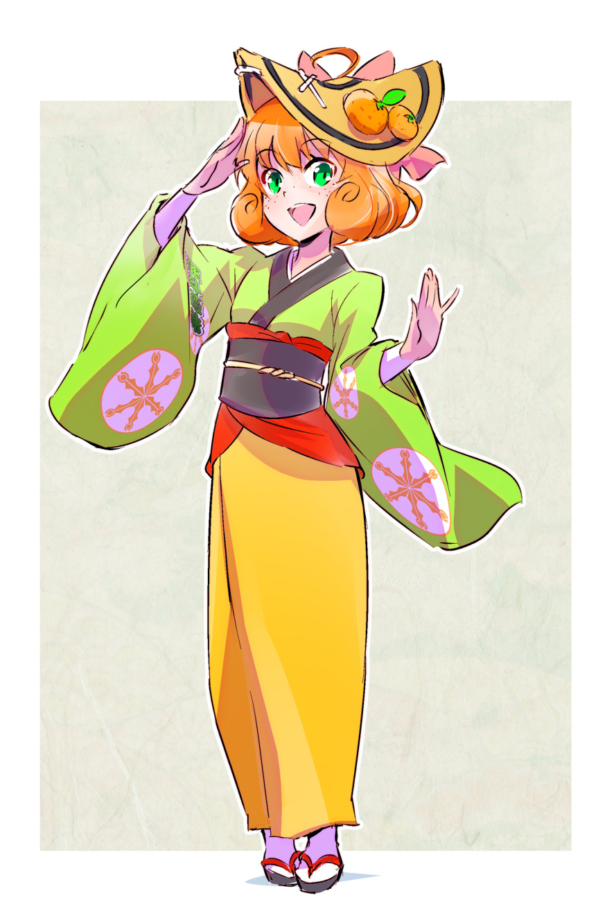 absurdres ahoge amigasa commentary curly_hair female food freckles fruit full_body green_eyes hat highres iesupa japanese_clothes kimono looking_at_viewer open_mouth orange_(fruit) orange_hair penny_polendina rwby sandals short_hair smile solo wide_sleeves