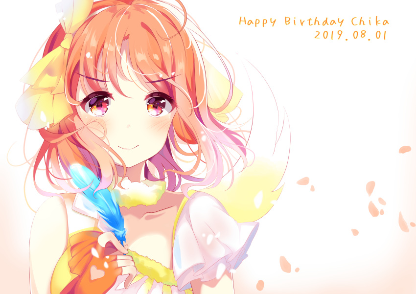 absurdres bad_id bad_pixiv_id birthday blue_feathers character_name commentary_request daisuki_dattara_daijoubu! dated depe dual_persona english_text feathers female fingerless_gloves gloves happy_birthday highres holding holding_feather looking_at_viewer love_live! love_live!_sunshine!! next_sparkling!! orange_gloves orange_hair red_eyes short_hair solo split_theme takami_chika upper_body wings