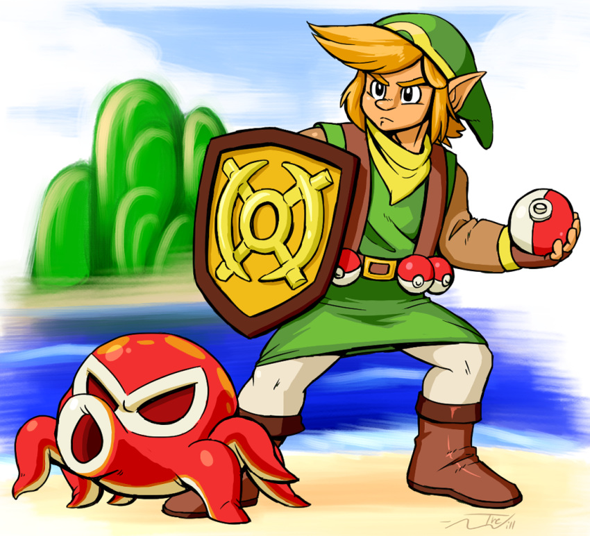 blonde_hair boots clothing crossover digital_media_(artwork) duo footwear hair hat headgear headwear holding_object holding_pokeball humanoid hylian link nintendo octorok outside pokeball pokemon shield shirt standard_pokeball standing the_legend_of_zelda thewill topwear tunic water