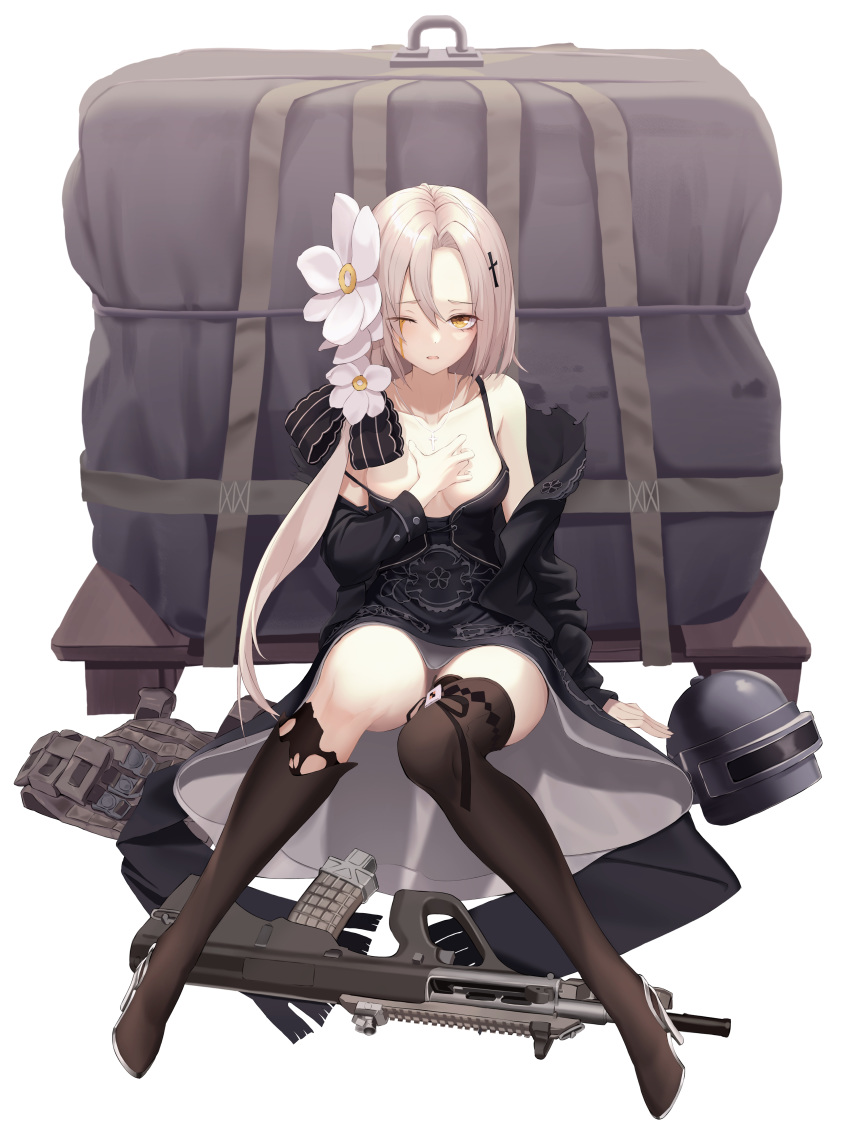 absurdres assault_rifle aug_(girls'_frontline) bare_shoulders black_footwear black_thighhighs boots breasts bullpup collarbone commentary cross cross_necklace female flower full_body girls'_frontline gun hair_between_eyes hair_flower hair_ornament hair_ribbon herol high_heel_boots high_heels highres jewelry long_hair looking_at_viewer medium_breasts necklace one_eye_closed orange_eyes playerunknown's_battlegrounds ribbon rifle sitting solo steyr_aug thigh_boots thighhighs torn_boots weapon