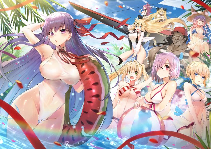 1boy 6+girls :d ;d ahoge animal_ears anne_bonny_(fate) anne_bonny_(swimsuit_archer)_(fate) anne_bonny_(swimsuit_archer)_(first_ascension)_(fate) artoria_pendragon_(fate) artoria_pendragon_(swimsuit_archer)_(fate) artoria_pendragon_(swimsuit_archer)_(first_ascension)_(fate) ball bare_shoulders baseball_cap bb_(fate) bb_(swimsuit_mooncancer)_(fate) bb_(swimsuit_mooncancer)_(third_ascension)_(fate) beach beachball bikini bikini_under_clothes black_bikini black_coat blonde_hair blue_bikini blue_eyes blue_ribbon blue_sky blush braid breasts cleavage coat collarbone commentary_request covered_navel criss-cross_halter day dolphin dress ears_through_headwear eyepatch fate/grand_order fate_(series) food food_print fox_ears fox_girl fox_tail francis_drake_(fate) french_braid glasses green_eyes hair_over_one_eye hair_ribbon halterneck hat heracles_(fate) highleg highleg_leotard highres innertube jacket jeanne_d'arc_(fate) jeanne_d'arc_(swimsuit_archer)_(fate) jeanne_d'arc_(swimsuit_archer)_(second_ascension)_(fate) large_breasts leotard light_purple_hair long_hair long_sleeves looking_at_viewer mary_read_(fate) mary_read_(swimsuit_archer)_(fate) mash_kyrielight mash_kyrielight_(swimsuit_of_perpetual_summer) multiple_girls navel neck_ribbon nero_claudius_(fate) nero_claudius_(swimsuit_caster)_(fate) official_alternate_costume one-piece_swimsuit one_eye_closed open_clothes open_jacket open_mouth outdoors pink_hair pirate_hat ponytail popsicle print_innertube puffy_sleeves purple_eyes purple_hair red_bikini red_ribbon ribbon scar scar_on_face ship shirt short_hair sky sling_bikini_top smile straw_hat striped_bikini striped_clothes sun_hat sunlight swim_ring swimsuit t-shirt tail tamamo_(fate) tamamo_no_mae_(swimsuit_lancer)_(fate) tamamo_no_mae_(swimsuit_lancer)_(second_ascension)_(fate) teddy_(khanshin) twintails very_long_hair wading water watercraft watermelon_print wet wet_clothes wet_shirt white_bikini white_dress white_jacket white_one-piece_swimsuit