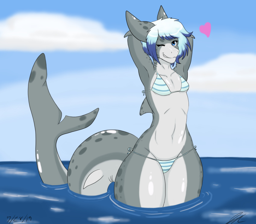 anthro bikini blue_eyes blue_hair breasts clothed clothing cloud female fish hair heart_symbol hi_res jeffthehusky long_tail marine non-mammal_breasts shark short_hair skimpy small_breasts solo swimwear tail thick_thighs water wide_hips