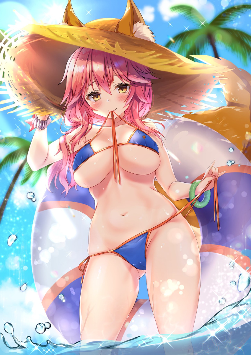 animal_ear_fluff animal_ears ass_visible_through_thighs bad_id bad_twitter_id bikini blue_bikini blush bracelet breasts cameltoe cleavage cloud commentary_request day fate/grand_order fate_(series) female fox_ears fox_print fox_tail hat highres holding holding_clothes holding_swimsuit honoka_chiffon innertube jewelry large_breasts long_hair looking_at_viewer looking_down navel outdoors palm_tree pink_hair sky solo straw_hat swim_ring swimsuit tail tamamo_(fate) tamamo_no_mae_(swimsuit_lancer)_(fate) tree wading water yellow_eyes