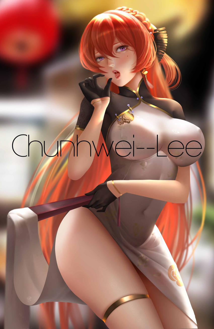 absurdres arm_across_waist artist_name azur_lane black_dress black_gloves blurry blurry_background blush braid breasts china_dress chinese_clothes chunhwei_lee commentary_request covered_navel cowboy_shot dress earrings fellatio_gesture female folded_fan folding_fan gloves gold hair_between_eyes hair_ornament half_gloves hand_fan hand_up highres holding holding_fan jewelry large_breasts long_hair looking_at_viewer mole mole_under_eye monarch_(azur_lane) monarch_(black_gerard)_(azur_lane) official_alternate_costume official_alternate_hairstyle open_mouth purple_eyes red_hair side_slit sidelocks skindentation solo thigh_strap thighs tongue tongue_out