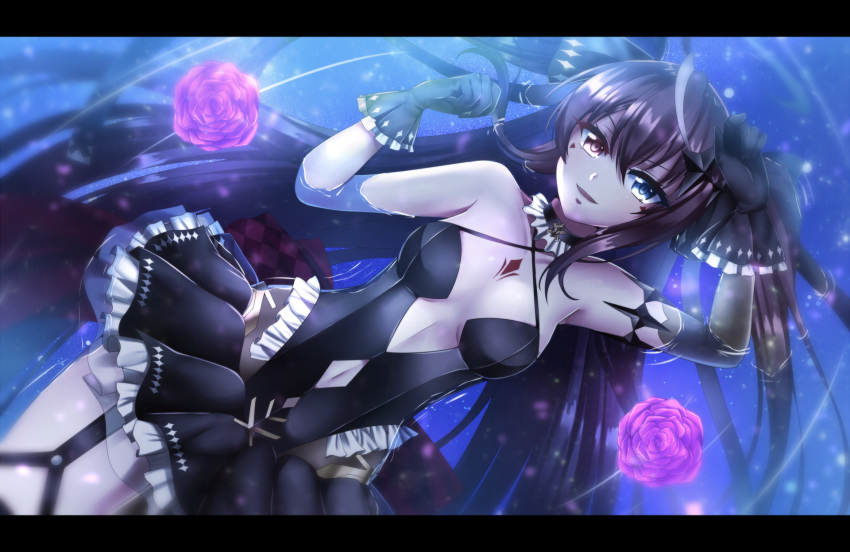 ateliae blue_eyes brown_hair choker commentary dress english_commentary epic_seven female garter_belt heterochromia highres letterboxed long_hair looking_at_viewer luluca_(epic_seven) open_mouth partially_submerged red_eyes skirt smile solo tattoo thighhighs two_side_up