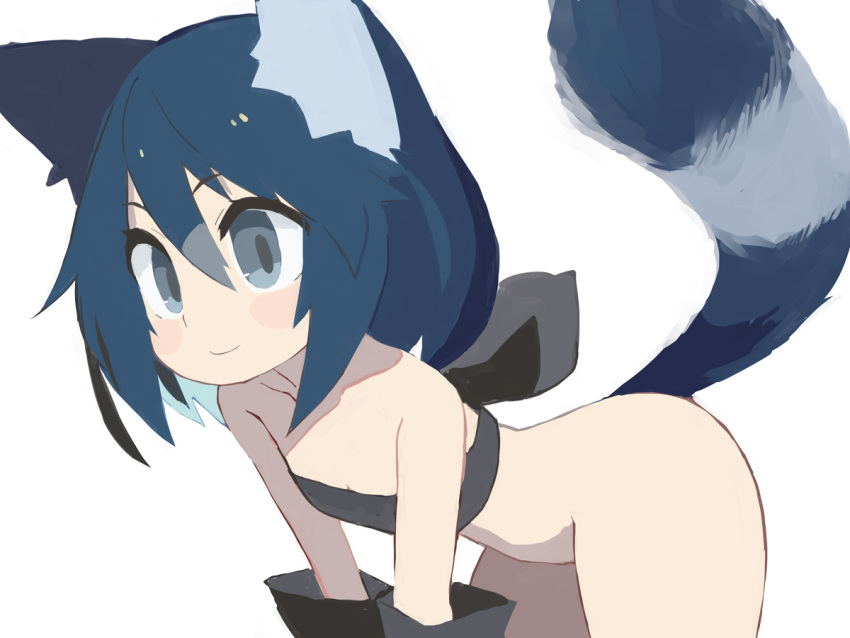 all_fours animal_ear_fluff animal_ears bandeau bare_shoulders black_bandeau black_gloves blue_hair blush_stickers bottomless breasts cleavage closed_mouth collarbone commentary_request female gloves grey_eyes long_hair original pappii_(paprika_shikiso) paprika_shikiso simple_background small_breasts smile solo tail tail_raised white_background