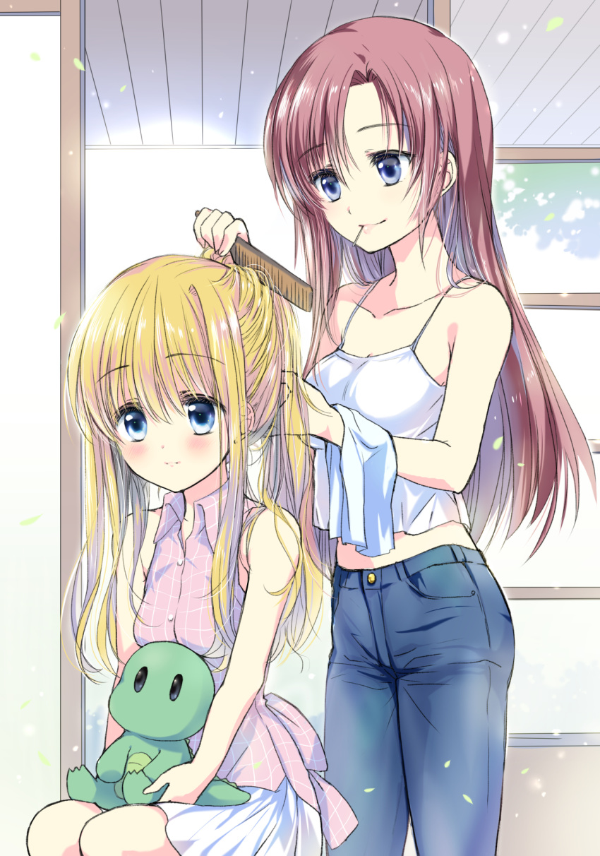 2girls air_(visual_novel) blonde_hair blouse blue_eyes blue_pants brushing_another's_hair brushing_hair casual commentary_request denim dinosaur feet_out_of_frame hair_brush highres izumi_rei jeans kamio_haruko kamio_misuzu long_hair mouth_hold multiple_girls pants pink_shirt red_hair shirt sitting skirt sleeveless sleeveless_shirt stuffed_toy tank_top white_shirt white_skirt