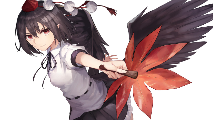 >:) black_hair black_ribbon black_skirt black_wings breasts commentary_request feathered_wings female fushigi_no_gensokyo hair_between_eyes hand_fan hat hauchiwa highres holding holding_fan looking_at_viewer medium_breasts miniskirt neck_ribbon official_art petticoat pointy_ears pom_pom_(clothes) puffy_short_sleeves puffy_sleeves red_eyes ribbon shameimaru_aya shirt short_hair short_sleeves sidelocks simple_background skirt smile solo tassel thkani tokin_hat touhou upper_body v-shaped_eyebrows white_background white_shirt wings