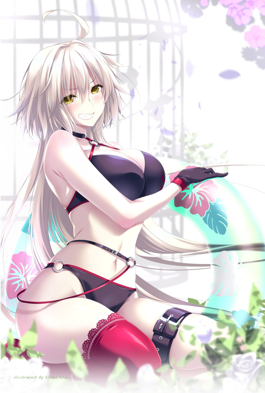 :d ahoge artist_name bikini black_bikini black_choker black_gloves blush breasts choco_chip choker cleavage collarbone commentary_request fate/grand_order fate_(series) female flower gloves grin hair_between_eyes highres innertube jeanne_d'arc_alter_(fate) jeanne_d'arc_alter_(swimsuit_berserker)_(fate) lace lace-trimmed_legwear lace_trim large_breasts long_hair looking_at_viewer midriff navel o-ring o-ring_bikini o-ring_bottom o-ring_top open_mouth petals red_thighhighs rose seiza sidelocks single_thighhigh sitting smile solo stomach swim_ring swimsuit teeth thigh_strap thighhighs very_long_hair white_hair yellow_eyes