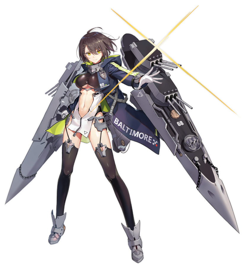 ahoge azur_lane baltimore_(azur_lane) black_coat black_thighhighs braid breasts brown_hair center_opening chains character_name closed_mouth clothing_cutout coat female full_body glint gloves highres hood hood_down keli_bang large_breasts long_sleeves looking_at_viewer machinery navel official_art open_clothes open_coat pelvic_curtain revealing_clothes shoes short_hair smile solo stomach stomach_cutout thighhighs thighs transparent_background turret white_gloves yellow_eyes