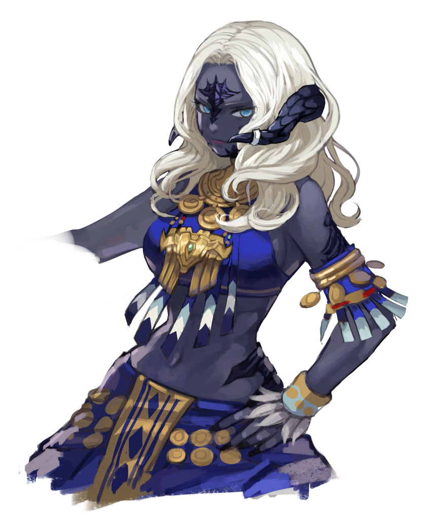 absurdres armband au_ra bad_id bad_pixiv_id bare_shoulders black_horns black_nails black_scales black_skin blue_eyes breasts colored_skin curled_horns dark-skinned_female dark_skin dragon_girl dragon_horns female final_fantasy final_fantasy_xiv fingernails hand_on_own_hip highres horn_ornament horn_ring horns kkaebing large_breasts long_hair looking_away looking_to_the_side navel no_bra no_pupils open_mouth sadu_dotharl scales sideboob simple_background smile solo tribal white_background white_hair wristband