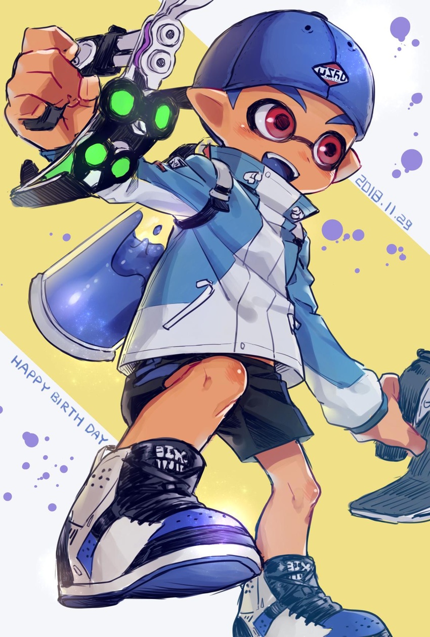 1boy backwards_hat baseball_cap blue_hair blue_tongue blush colored_tongue dated fangs happy_birthday hat highres inkling inkling_boy inkling_player_character jacket male_focus open_mouth red_eyes shoes shorts solo splatoon_(series) tetra_dualies_(splatoon) utsunomiya_hetaru