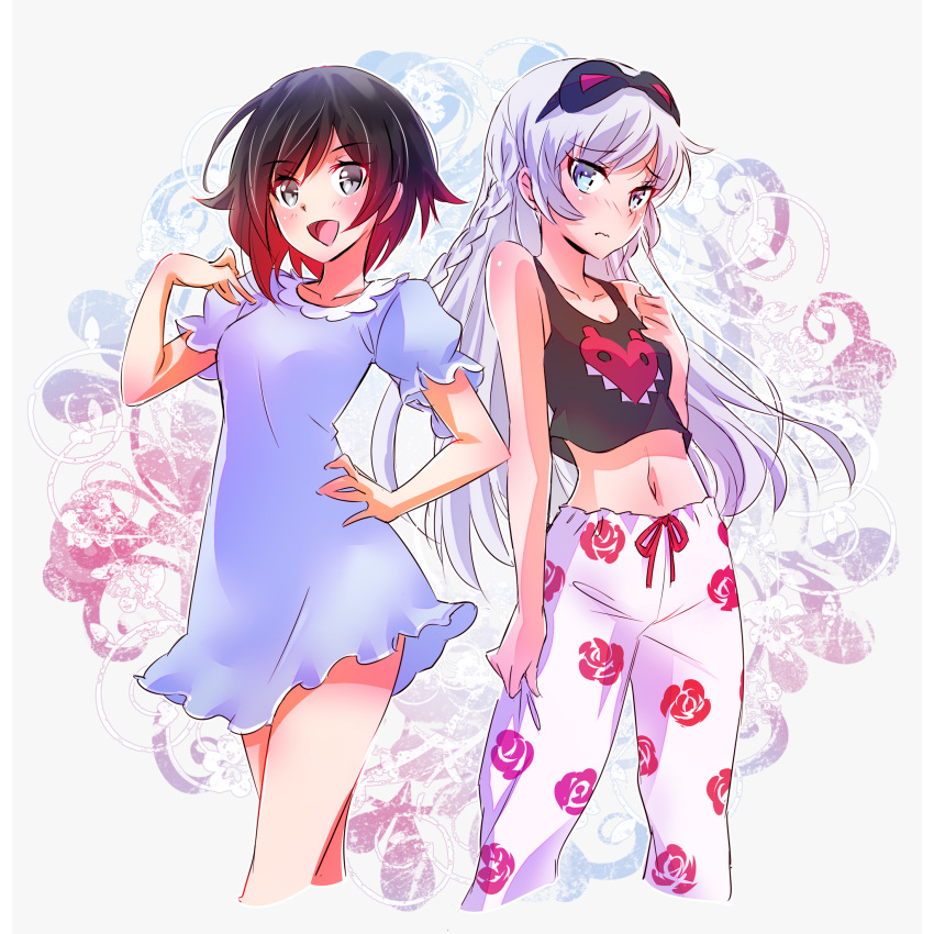 2girls alternate_hairstyle black_hair blue_eyes braid camisole commentary cosplay costume_switch flower gradient_hair highres iesupa long_hair multicolored_hair multiple_girls navel pajamas pants red_hair rose ruby_rose ruby_rose_(cosplay) rwby scar scar_across_eye scar_on_face short_hair sleepwear tank_top two-tone_hair weiss_schnee weiss_schnee_(cosplay) white_hair