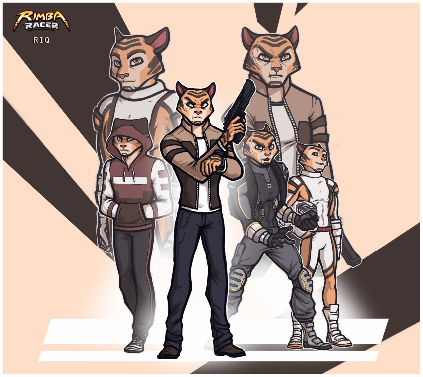 anthro clothing felid glue_studios group gun hi_res jacket letterbox luraiokun male mammal multiple_poses pantherine pose ranged_weapon rimba_racer riq_(rimba_racer) scar tiger topwear weapon