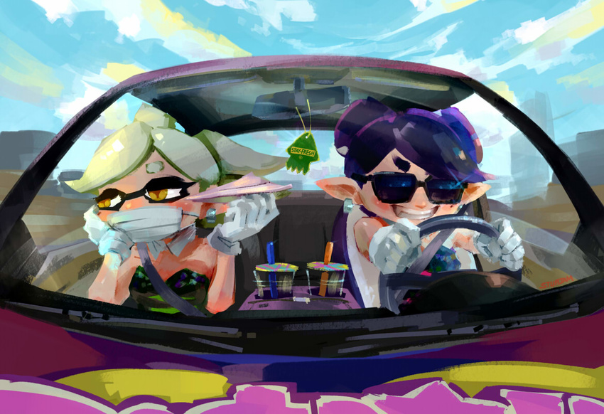 2girls black_hair callie_(splatoon) car commentary_request cup earrings grin inkling jewelry long_hair marie_(splatoon) mole mole_under_eye motor_vehicle mouth_guard multiple_girls object_on_head paper_airplane pointy_ears smile splatoon_(series) splatoon_1 steering_wheel stup-jam sunglasses tentacle_hair