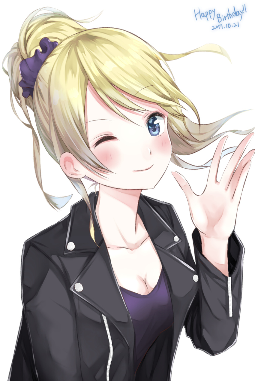 ;) ayase_eli bad_id bad_pixiv_id black_jacket blonde_hair blue_eyes blush breasts cleavage collarbone commentary_request dated female floating_hair hair_ornament hair_scrunchie happy_birthday highres jacket leather leather_jacket long_hair love_live! love_live!_school_idol_project medium_breasts one_eye_closed open_clothes open_jacket ponytail purple_scrunchie purple_shirt ranmaruuuu00 scrunchie shirt simple_background smile solo swept_bangs upper_body white_background