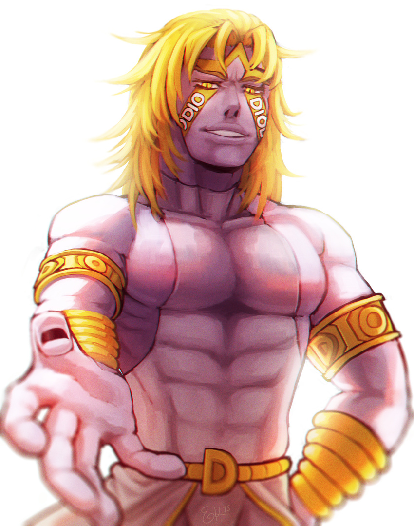 1boy abs armband black_nails blonde_hair blurry colored_skin commentary_request dio_brando facial_mark foreshortening heaven_ascended_dio highres jojo_no_kimyou_na_bouken jojo_no_kimyou_na_bouken:_eyes_of_heaven lizzyoli-ravioli long_hair male_focus muscular nail_polish purple_skin scar scar_on_neck signature solo topless_male turtleneck upper_body wrist_cuffs yellow_eyes