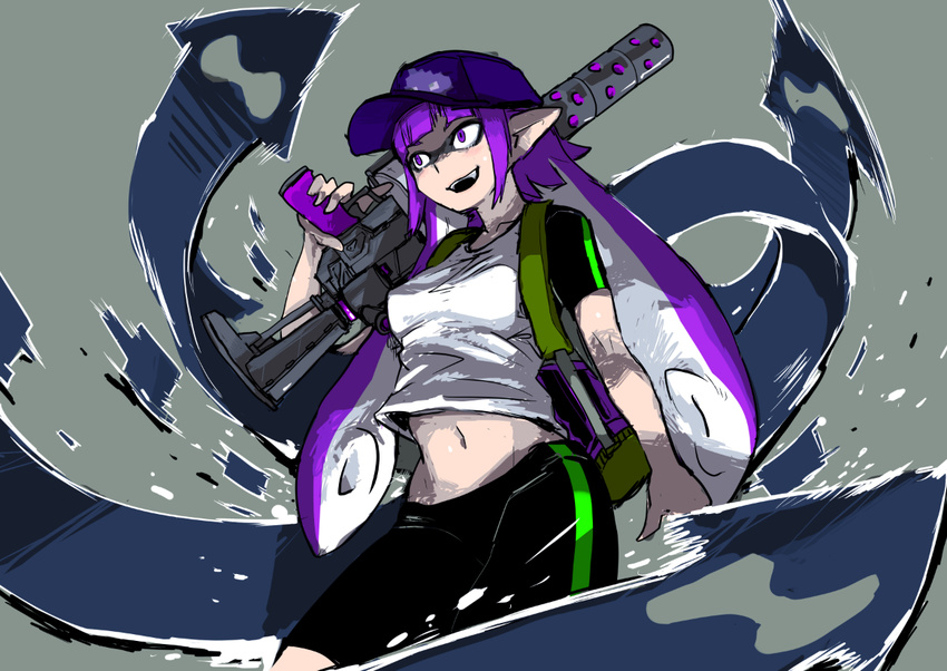 .96_gal_(splatoon) baseball_cap bike_shorts commentary_request echolocator_(splatoon) female hat inkling inkling_girl inkling_player_character long_hair moggel open_mouth pointy_ears solo splatoon_(series) splatoon_1 tentacle_hair