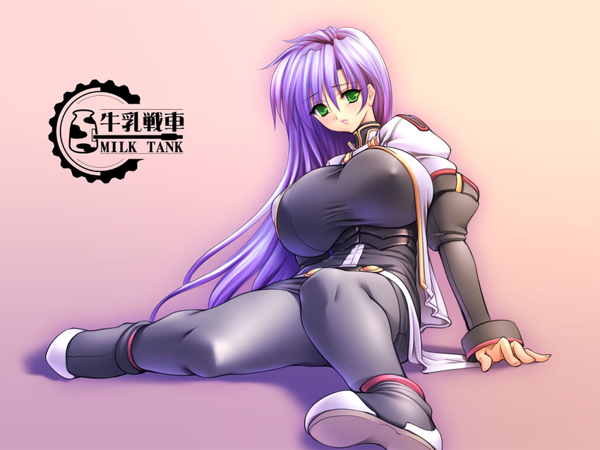 1280x960 breasts erect_nipples gradient gradient_background green_eyes gunner-l huge_breasts long_hair milk_tank pantyhose purple_hair sitting solo turtleneck very_long_hair wallpaper