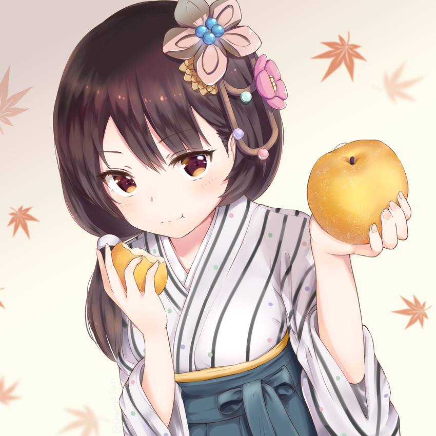 black_hair brown_eyes commentary_request dargo eating female food fruit hair_ornament hair_over_shoulder highres holding holding_food holding_fruit japanese_clothes leaf long_hair maple_leaf nashi_pear oshiro_project:re pear solo tottori_(oshiro_project) upper_body