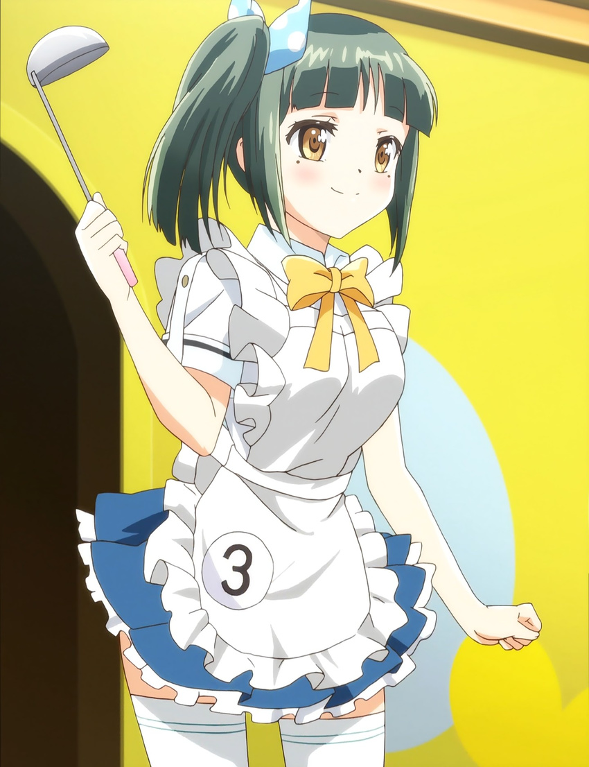 anime_screenshot apron female green_hair highres kanojo_ga_flag_wo_oraretara ladle pleated_skirt ponytail school_uniform shoukanji_kikuno skirt solo thighhighs yellow_eyes