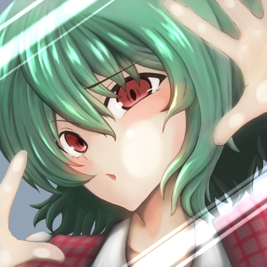 against_fourth_wall against_glass bad_id bad_pixiv_id blush_stickers commentary_request dress female fourth_wall green_(midoriryuu) green_hair kazami_yuuka open_mouth outstretched_hand plaid plaid_dress red_eyes short_hair solo_focus touhou