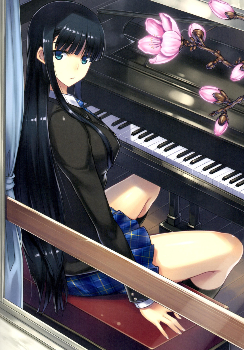 absurdres black_hair blue_eyes darabuchi female fingernails flower grand_piano highres instrument long_fingernails long_hair looking_at_viewer looking_back piano school_uniform sitting skirt solo touma_kazusa white_album_(series) white_album_2