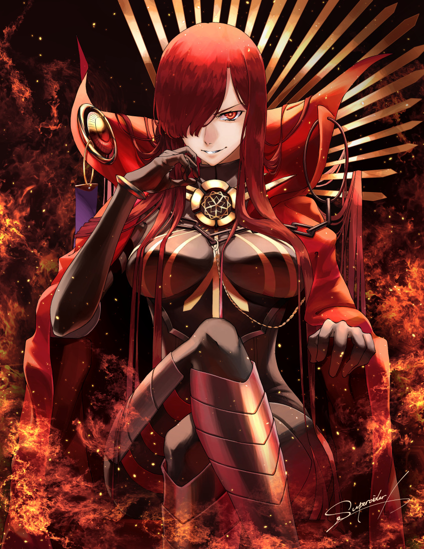 absurdres akiwashi armchair armored_boots black_background black_bodysuit bodysuit boots bracelet breasts cape chains chair collared_cape commentary crest crossed_legs family_crest fate/grand_order fate_(series) female fire grin hair_flowing_over hair_over_one_eye hand_on_own_face high_collar highres jewelry long_hair looking_at_viewer oda_nobunaga_(fate) oda_nobunaga_(maou_avenger)_(fate) oda_uri one_eye_covered open_mouth popped_collar red_cape red_eyes red_hair sitting skin_tight smile solo teeth thighs