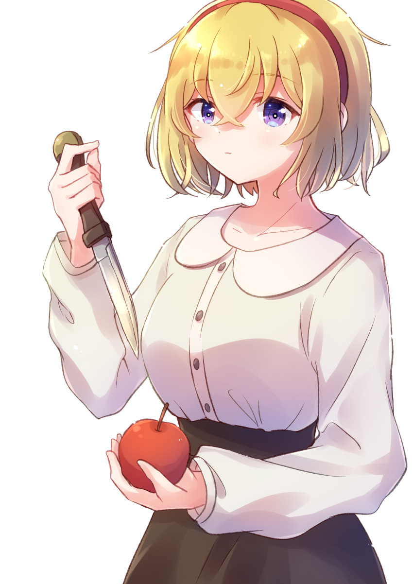 absurdres alicia_(full_dive) apple blonde_hair crossed_bangs female food fruit hair_between_eyes hairband highres holding holding_food holding_fruit holding_knife knife kyuukyoku_shinka_shita_full_dive_rpg_ga_genjitsu_yori_mo_kusoge_dattara nyaa_(nnekoron) purple_eyes short_hair simple_background solo white_background