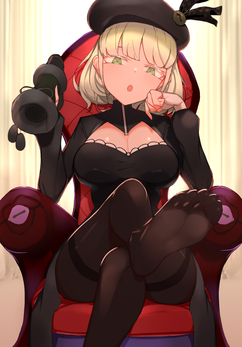 absurdres arm_rest black_dress black_hat blonde_hair bow breasts chair choumi_wuti_(xueye_fanmang_zhong) cleavage cleavage_cutout clothing_cutout curtains dress feet female fingerless_gloves foot_focus gloves green_eyes hand_on_own_cheek hand_on_own_face hat hat_bow highres holding holding_shoes indie_virtual_youtuber looking_at_viewer looking_down no_shoes open_mouth pantyhose parasister_(vtuber) shoes sitting soles solo thighband_pantyhose unworn_shoes virtual_youtuber