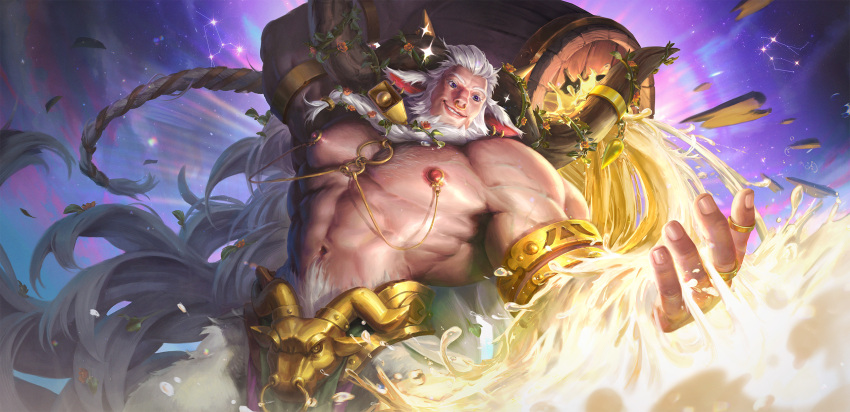 1boy abs animal_ears bara bare_pectorals barrel beard belt biceps blue_eyes carrying_over_shoulder chest_hair chinese_zodiac cow_boy cow_ears cow_horns cowboy_shot facial_hair gold_belt happy_new_year highres horns kooka2 korean_commentary large_pectorals long_hair male_focus mature_male milk muscular muscular_male navel new_year nipple_piercing nipples old old_man original pectorals piercing plant pouring solo sparkle spilling stomach very_long_hair white_hair year_of_the_ox