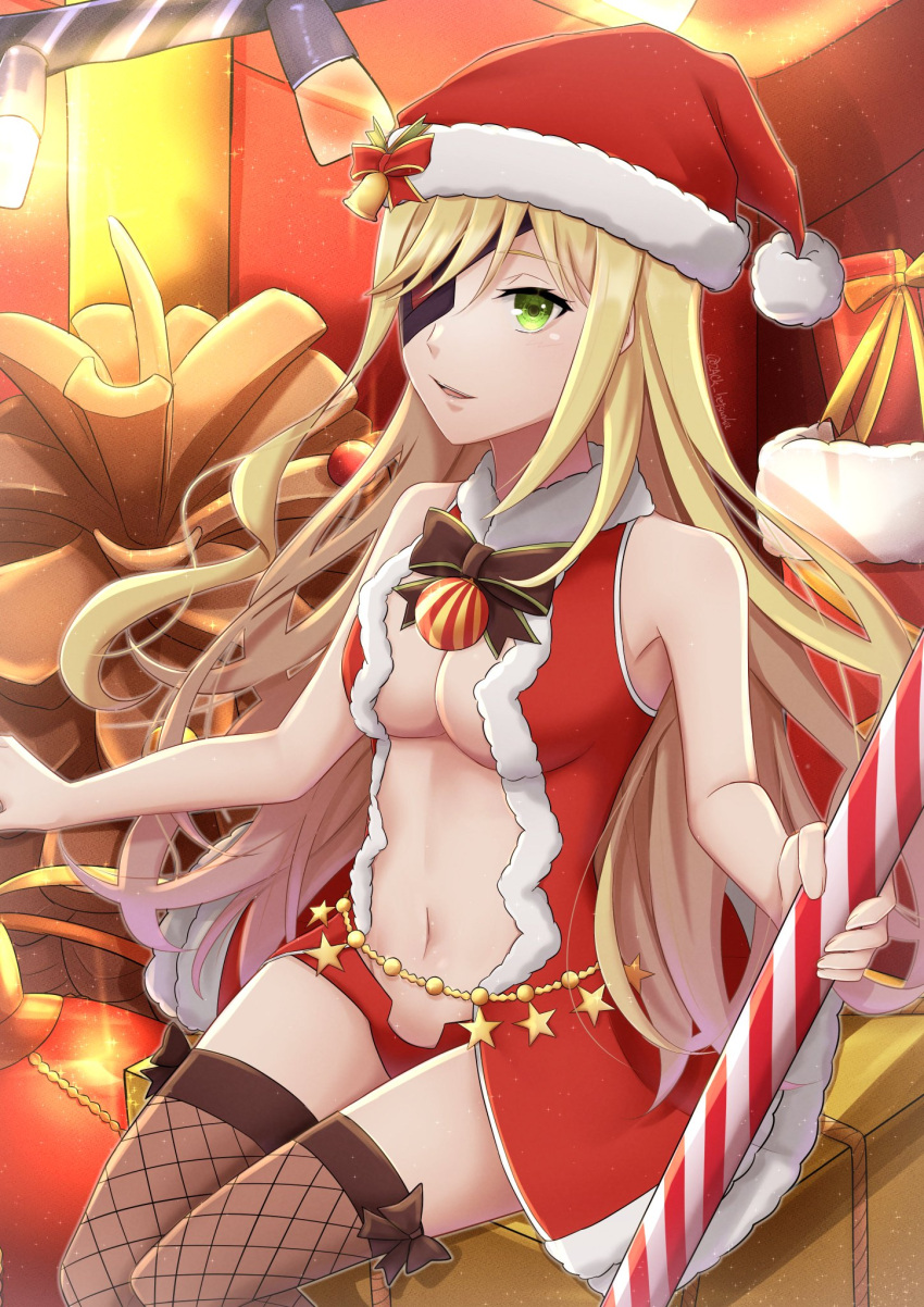 blonde_hair breasts candy candy_cane cleavage commentary_request dress eyepatch female fishnet_thighhighs fishnets food green_eyes hat highres holding holding_candy holding_candy_cane holding_food long_hair medium_breasts navel othinus red_dress santa_costume santa_hat sitting solo thighhighs toaru_majutsu_no_index toaru_majutsu_no_index:_new_testament zack_betsuaka