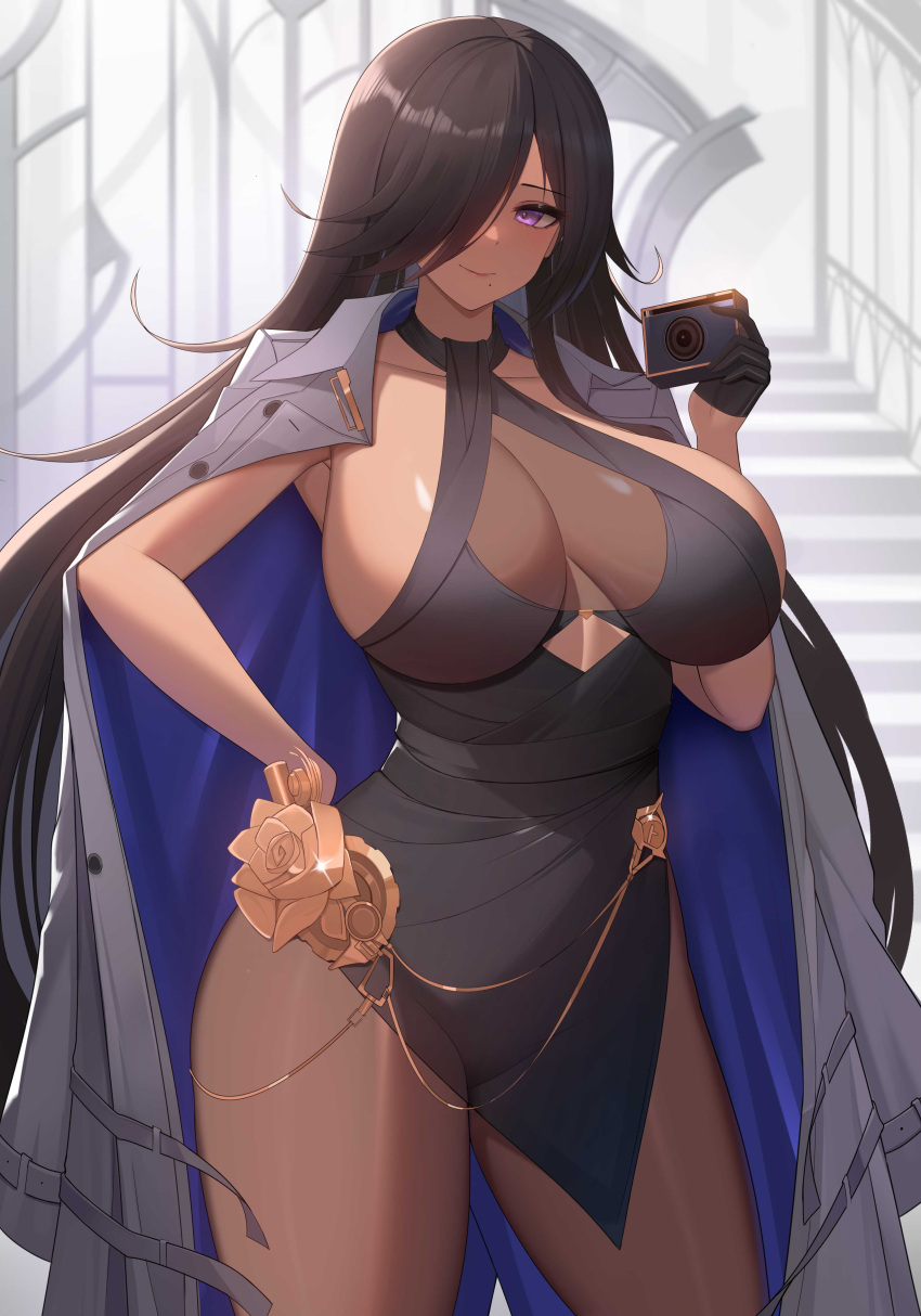 absurdres ark_royal_(azur_lane) ark_royal_(azur_lane)_(cosplay) ark_royal_(guardian_of_the_ball)_(azur_lane) azur_lane black_dress black_gloves blush breasts brown_hair brown_pantyhose camera cleavage cleavage_cutout clothing_cutout coat commentary commission contrapposto cosplay cowboy_shot curvy dark-skinned_female dark_skin dress english_commentary female gloves hair_over_one_eye halter_dress halterneck hand_on_own_hip highres holding holding_camera huge_breasts indoors jacket jacket_on_shoulders jewelry long_hair looking_at_viewer looking_to_the_side mole mole_under_mouth open_clothes open_coat pantyhose purple_eyes see-through shiny_skin side_slit sideboob sleeveless sleeveless_dress solo stairs tatakau_ataisuru ultra-13 very_long_hair white_coat zara_moussa