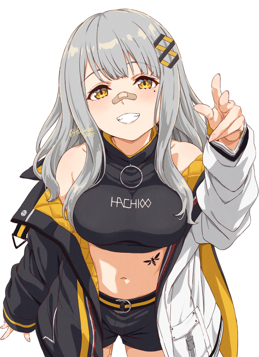 absurdres bandaid bandaid_on_face bandaid_on_nose belt black_jacket black_shirt black_shorts blush breasts commentary cowboy_shot crop_top english_commentary female fuusuke_(fusuke208) grey_hair grin hachi_(live_union) hair_ornament highres jacket live_union long_hair looking_at_viewer medium_breasts midriff mole mole_under_eye multicolored_clothes multicolored_jacket navel open_clothes open_jacket pointing pointing_at_viewer shirt short_shorts shorts sidelocks simple_background sleeveless smile solo stomach_tattoo tattoo teeth twitter_username two-sided_fabric two-sided_jacket two-tone_jacket virtual_youtuber white_background white_jacket yellow_belt yellow_eyes