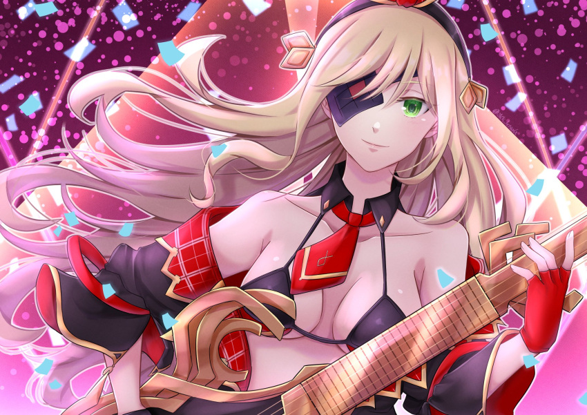 blonde_hair breasts cleavage closed_mouth collarbone commentary_request eyepatch female fingerless_gloves gloves green_eyes highres holding holding_instrument instrument long_hair looking_at_viewer medium_breasts music necktie othinus playing_instrument red_gloves red_necktie smile solo toaru_majutsu_no_index toaru_majutsu_no_index:_new_testament zack_betsuaka