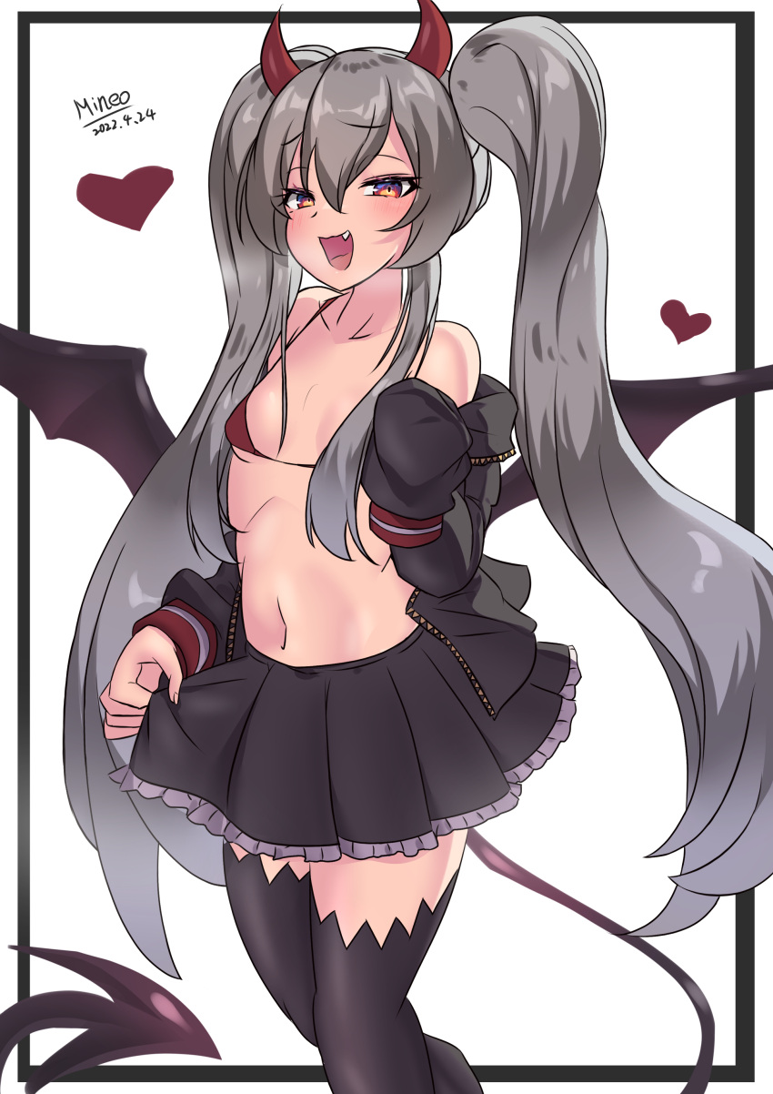 :d absurdres bat_wings bikini black_border black_skirt black_thighhighs bombergirl border breasts cleavage commentary_request damarinasai_(mineo) dark_persona dated demon_girl demon_horns demon_tail demon_wings detached_sleeves evo_grim feet_out_of_frame female grey_hair grim_aloe heart highres horns long_hair looking_at_viewer navel oerba_yun_fang open_mouth quiz_magic_academy red_bikini red_eyes red_horns signature simple_background skirt small_breasts smile solo standing swimsuit tail thighhighs twintails very_long_hair white_background wings