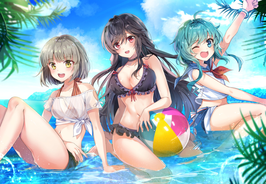 3girls :d ;d ahoge aqua_eyes aqua_hair arm_up ball bare_shoulders beachball bikini bikini_skirt bikini_top_only black_bikini black_choker black_hair blue_sailor_collar blue_sky blush boku_no_kanojo_wa_ningyohime!? bracelet breasts brown_bikini chocho_(homelessfox) choker cleavage clenched_hand cloud collarbone commentary_request cowboy_shot crop_top day denim denim_shorts frilled_bikini frills grey_hair groin hair_between_eyes holding holding_ball jewelry koma_ion long_hair looking_at_viewer medium_breasts midriff multiple_girls navel neckerchief ocean off-shoulder_shirt off_shoulder one_eye_closed open_mouth outdoors palm_leaf petakko_(boku_no_kanojo_wa_ningyohime!?) red_eyes red_neckerchief rin_(boku_no_kanojo_wa_ningyohime!?) sailor_collar see-through seiza shirt short_hair short_hair_with_long_locks short_shorts short_sleeves shorts sidelocks sitting sky sleeveless sleeveless_shirt smile swimsuit teeth tied_shirt upper_teeth_only white_shirt yellow_eyes