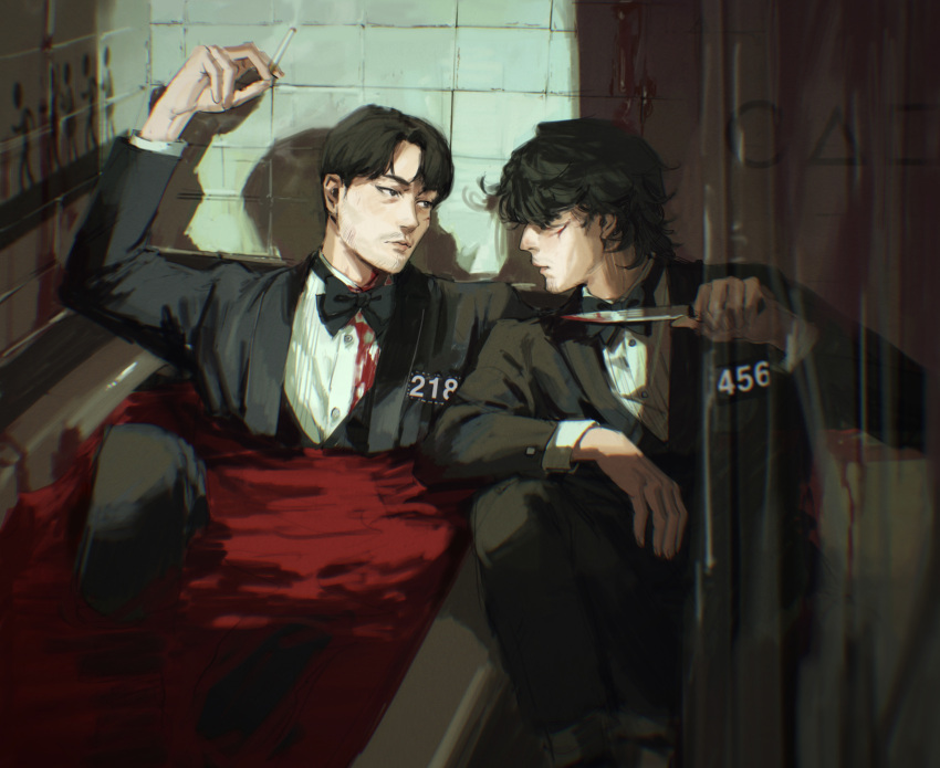 2boys absurdres bathtub black_hair blood bow bowtie cho_sang-woo cigarette commentary english_commentary formal highres holding holding_cigarette holding_knife knife looking_at_another male_focus multiple_boys seong_gi-hun smoking squid_game suit thisuserisalive traditional_bowtie