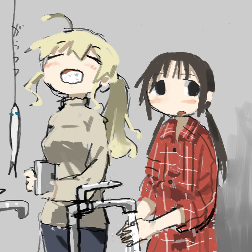 2girls ahoge alternate_universe black_hair blonde_hair blush chito_(shoujo_shuumatsu_ryokou) closed_eyes contemporary fish gargling grey_background highres long_sleeves multiple_girls open_mouth plaid plaid_shirt ponytail shirt shoujo_shuumatsu_ryokou translated tsukumizu_yuu two_side_up washing_hands yuuri_(shoujo_shuumatsu_ryokou)