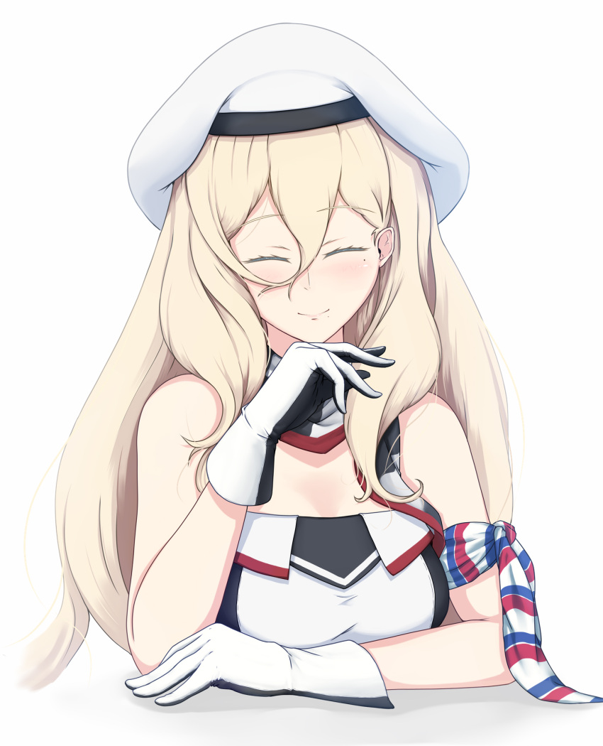 arm_scarf beret black_gloves blonde_hair breasts closed_eyes dress female gloves hair_between_eyes hat highres kantai_collection large_breasts long_hair mole mole_under_eye mole_under_mouth multicolored_clothes multicolored_gloves multicolored_scarf pom_pom_(clothes) richelieu_(kancolle) scarf solo strapless strapless_dress upper_body white_gloves yakuto007