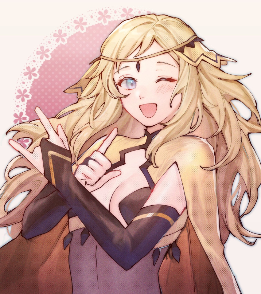 ai_tkkm blonde_hair blue_eyes bodystocking breasts cape circlet female fire_emblem fire_emblem_fates highres long_hair looking_at_viewer medium_breasts one_eye_closed open_mouth ophelia_(fire_emblem) solo