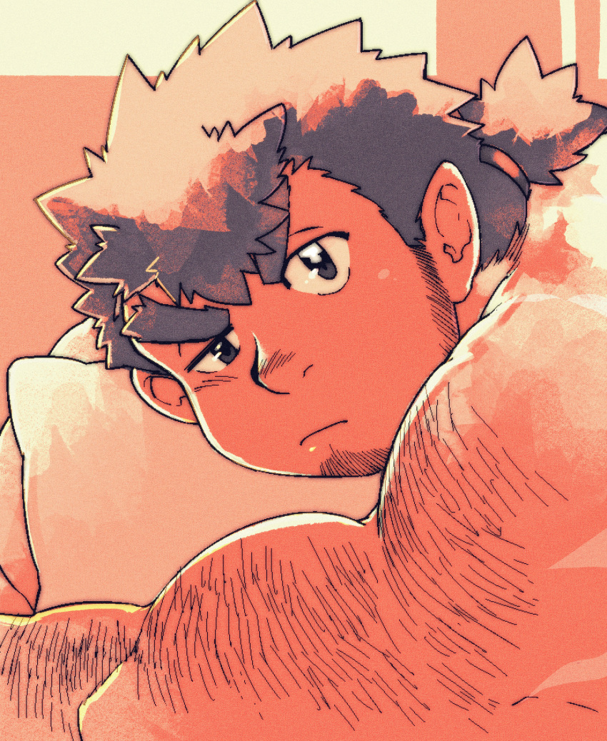 1boy andvari_(housamo) bara closed_mouth commentary_request dark-skinned_male dark_skin dwarf facial_hair film_grain hairy head_rest higemorigen highres long_sideburns male_focus muscular muscular_male nude on_bed orange_theme pillow plump pointy_ears short_hair sideburns solo stubble thick_eyebrows tokyo_afterschool_summoners uneven_eyes upper_body v-shaped_eyebrows