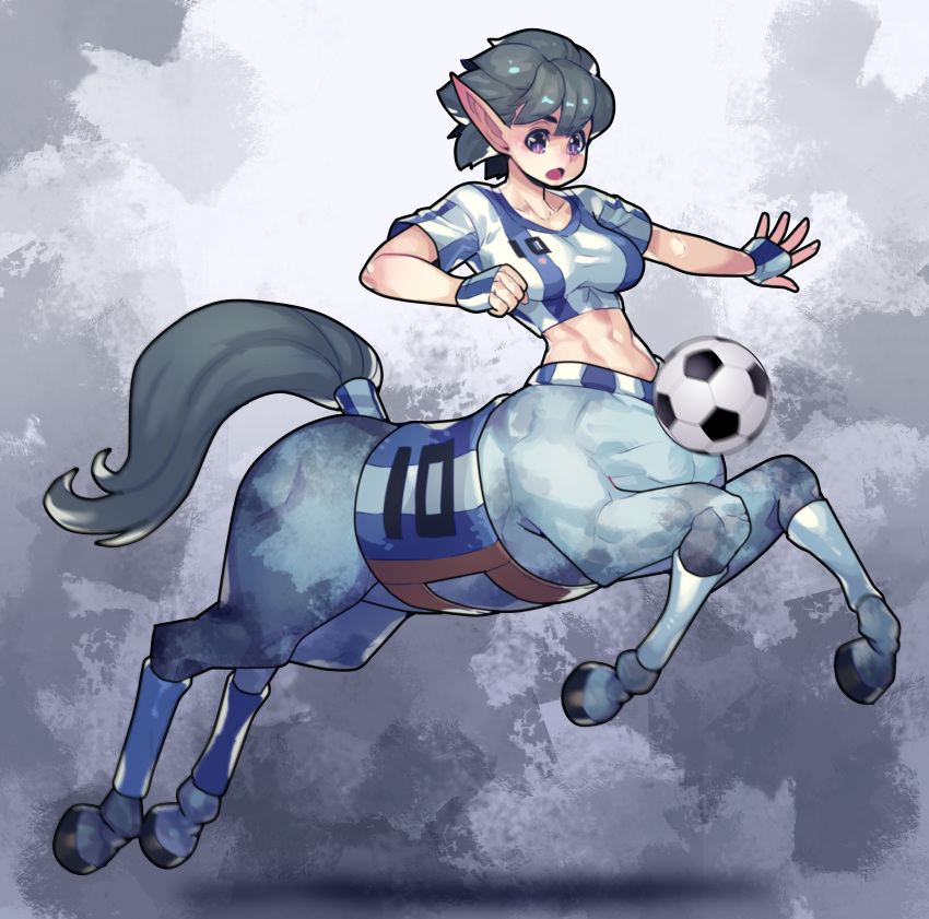 abs absurdres ball breasts centaur female fengmo fingerless_gloves full_body gloves grey_hair highres hooves horse_tail large_breasts midriff monster_girl navel open_mouth original photoshop_(medium) pointy_ears purple_eyes short_hair short_sleeves soccer soccer_ball soccer_uniform solo sportswear tail taur