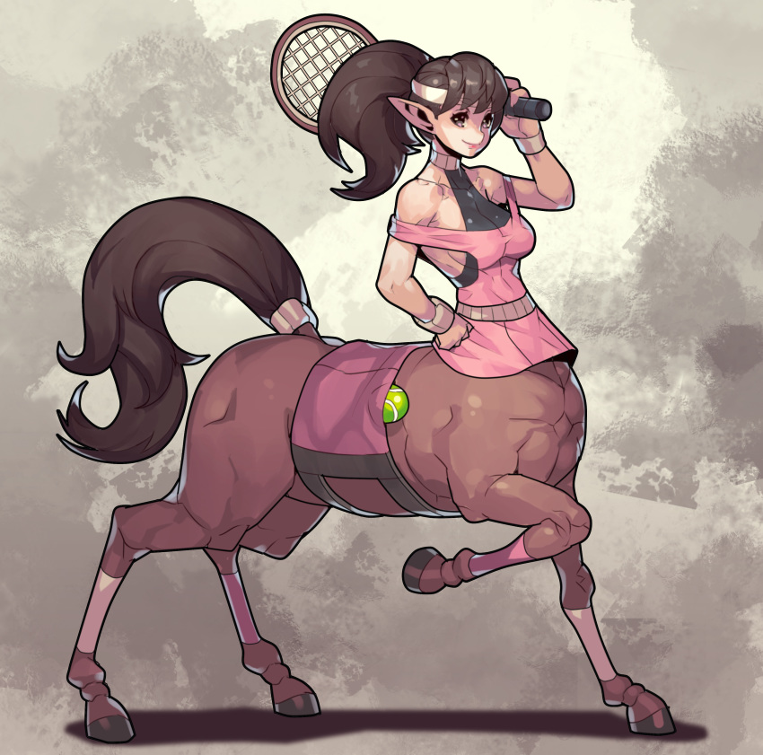 absurdres ball brown_hair centaur female fengmo full_body halterneck hand_on_own_hip highres hooves horse_tail leg_up looking_at_viewer monster_girl off_shoulder original over_shoulder photoshop_(medium) pink_shirt pointy_ears ponytail racket shirt smile solo sportswear standing_on_three_legs tail taur tennis tennis_ball tennis_racket