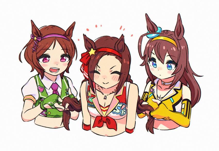 3girls ^_^ animal_ears appleq blue_eyes blush bow bowtie breasts brown_hair choker cleavage closed_eyes closed_mouth collared_shirt crop_top cropped_torso ear_bow elbow_gloves fingerless_gloves gloves green_gloves green_vest hairband highres horse_ears horse_girl jewelry long_hair mihono_bourbon_(mission_mental_nutrition)_(umamusume) mihono_bourbon_(umamusume) multiple_girls necklace necktie open_mouth pink_eyes purple_necktie red_bow red_bowtie sailor_collar sakura_bakushin_o_(red-hot_leader)_(umamusume) sakura_bakushin_o_(umamusume) sakura_laurel_(ticked_cherry_blossom)_(umamusume) sakura_laurel_(umamusume) shirt short_hair short_sleeves sleeveless sleeveless_shirt small_breasts smile tying_hair umamusume upper_body v-shaped_eyebrows vest white_background white_shirt yellow_shirt