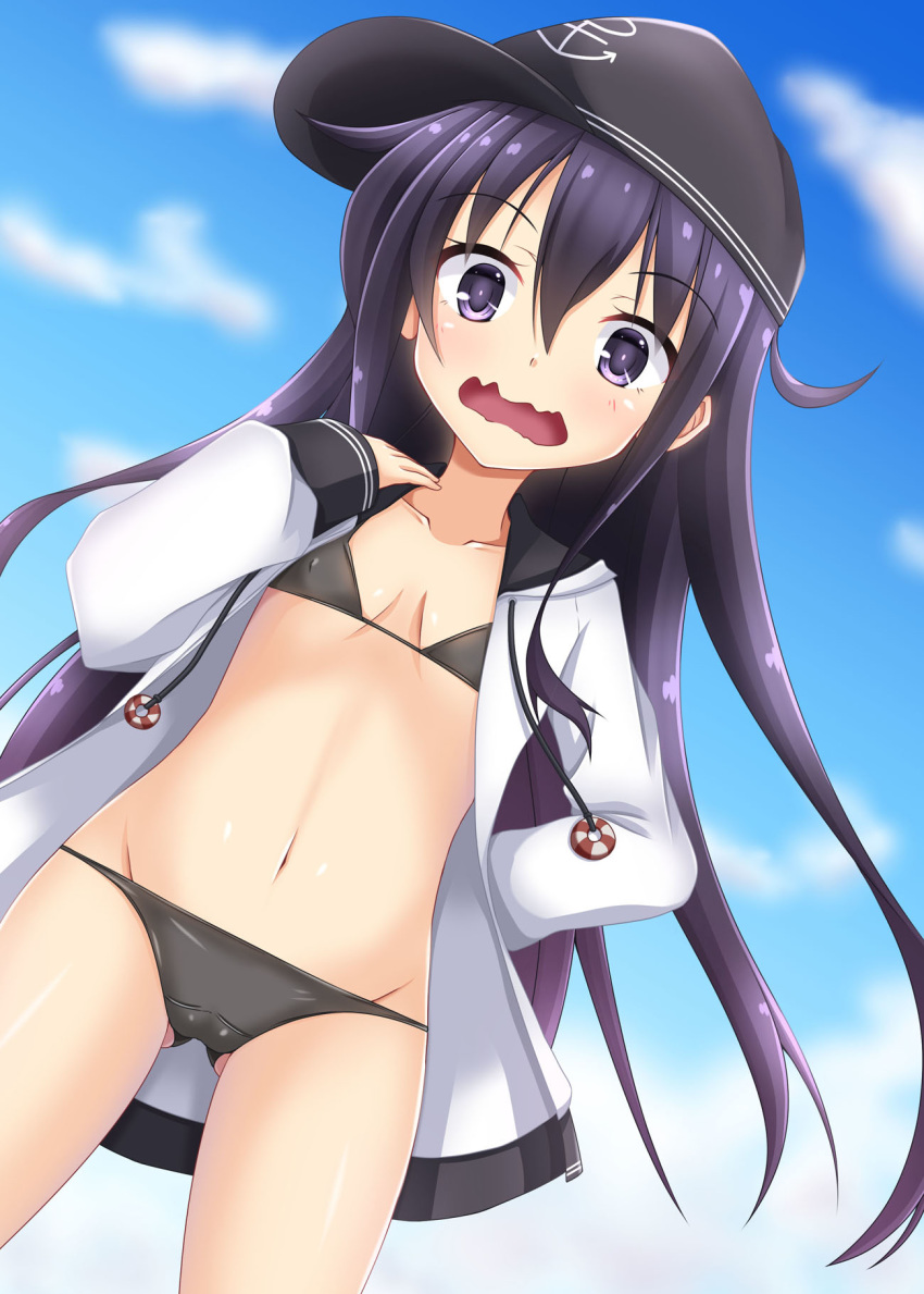 akatsuki_(kancolle) anchor anchor_symbol ass_visible_through_thighs bikini bikini_under_clothes black_bikini blush cloud cloudy_sky collarbone commentary_request cosplay cowboy_shot day embarrassed female flat_cap flat_chest hair_between_eyes hat highres hood hooded_jacket ichininmae_no_lady jacket kantai_collection long_hair long_sleeves looking_at_viewer messy_hair navel open_clothes open_jacket open_mouth outdoors photoshop_(medium) purple_eyes purple_hair sky smile solo standing swimsuit wavy_mouth white_jacket yukikaze_(kancolle) yukikaze_(kancolle)_(cosplay) yukikaze_(swimsuit_mode)_(kancolle) yuuki_miyabi