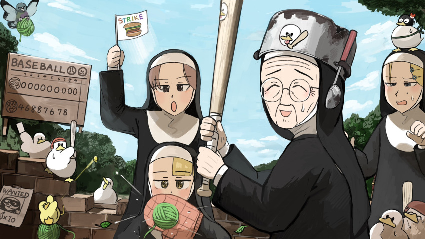 4girls animal_on_head baseball_bat bird blonde_hair blue_eyes brick_wall brown_eyes brown_hair chicken closed_eyes commentary diva_(hyxpk) duck duckling english_commentary flag glasses habit hair_ornament hairclip helmet highres hungry_nun_(diva) ladle little_nuns_(diva) mask mole mole_on_cheek mother_superior_(diva) multiple_girls nun old old_woman on_head outdoors oven_mitts pigeon poster_(object) pot pot_on_head round_eyewear scoreboard spicy_nun_(diva) strict_nun_(diva) traditional_nun wanted wrinkled_skin yarn yarn_ball yellow_eyes