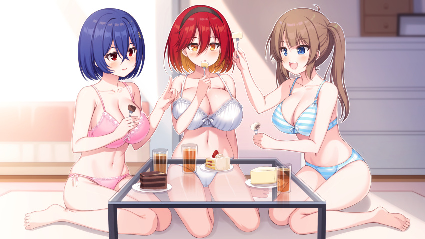 3girls amane_(senran_kagura) barefoot bedroom blue_eyes blush breasts brown_hair cake cleavage drink food fork glass hair_ornament hairband hairclip highres kageira kureha_(senran_kagura) large_breasts minori_(senran_kagura) multicolored_hair multiple_girls navel open_mouth orange_eyes orange_hair panties red_eyes red_hair senran_kagura sleepover smile striped_clothes striped_panties twintails underwear